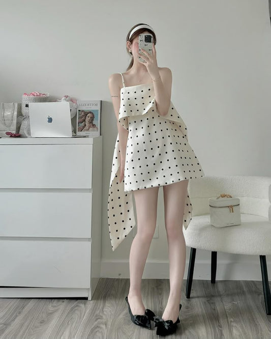 White polka dot suspenders loose short skirt homecoming dress R3473