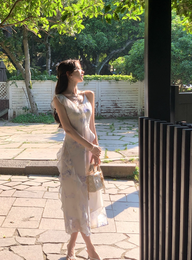 High-end V-neck dress new summer French design waist niche temperament long skirt R4334