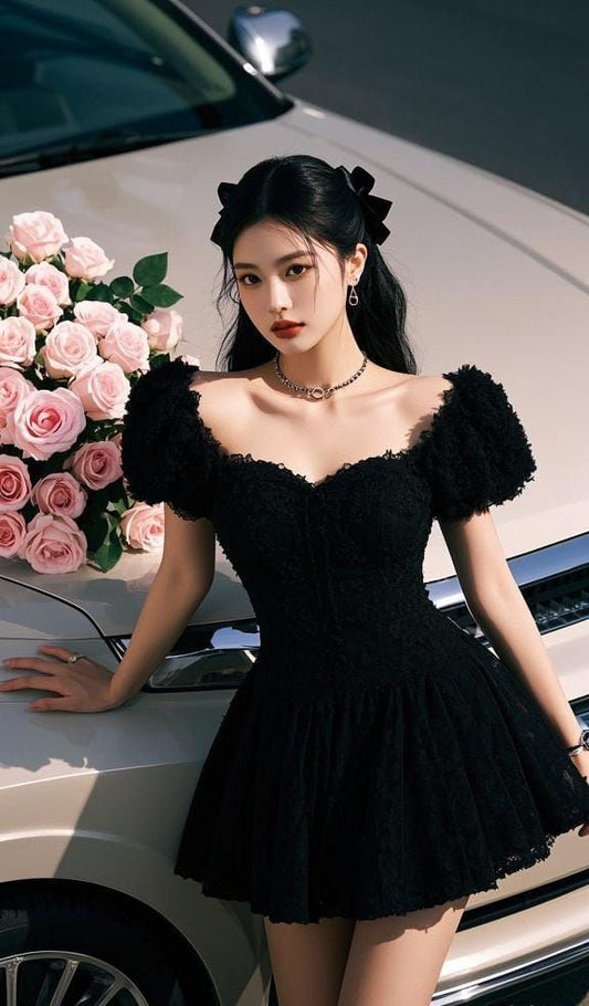 Black slim waist A-line mini skirt homecoming dress R3583