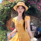 Yellow long v-neck small flying sleeve waist dress summer French retro temperament lace skirt R4578