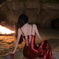 Retro suspenders red acetate swing collar hip-wrapped backless slim holiday inner skirt R1432