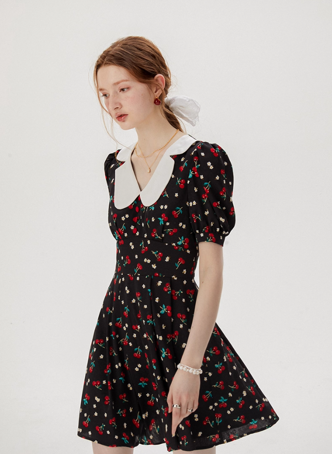 Baby collar floral dress French style black dress petite short dress female summer new style R3561