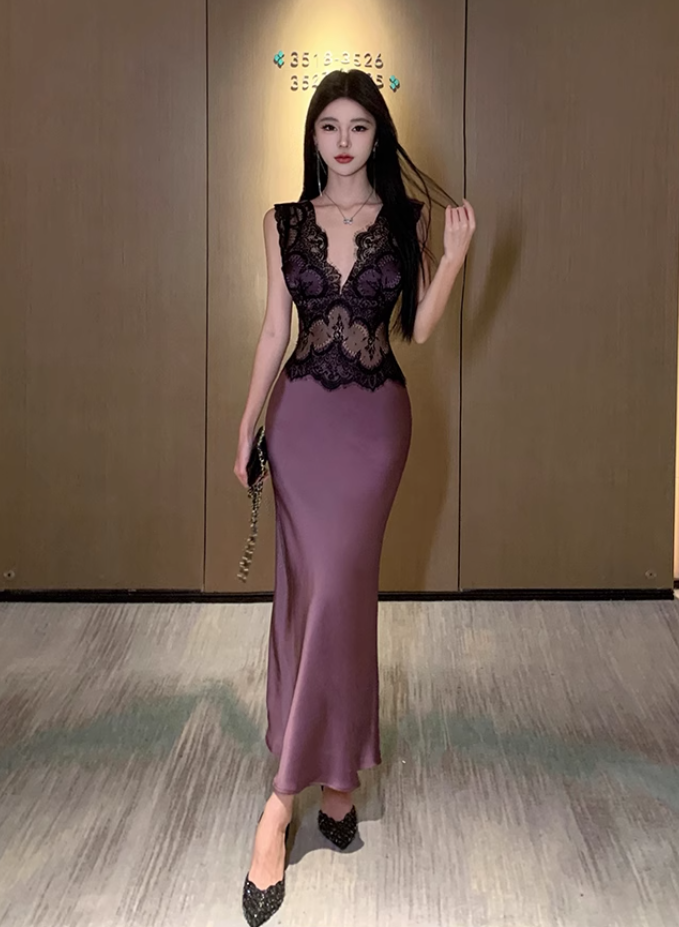 Sexy satin lace deep V-neck dress French sexy evening dress high-end R1619
