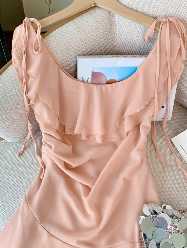 French ruffled large U-neck dress for women new style pleated gentle style short A-line skirt R4032