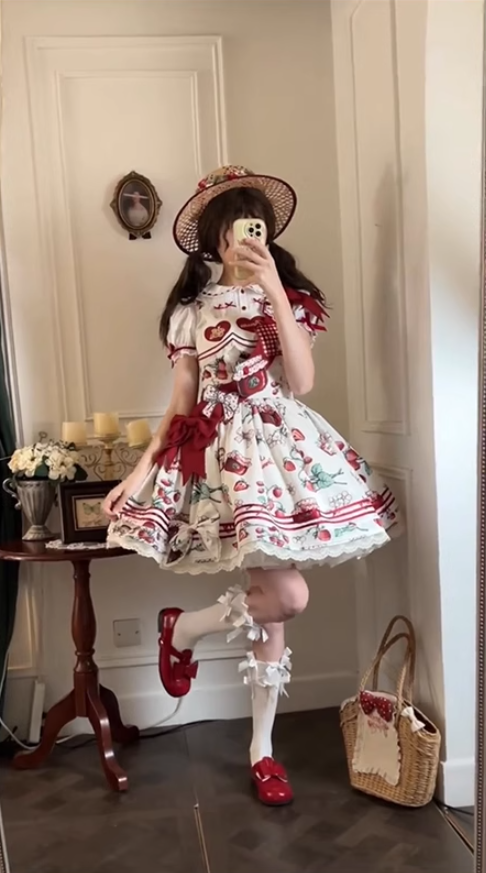 Strawberry Heart Lolita Short Sleeve Dress Cute Lolita Princess Dress Cake Tutu Skirt R1691