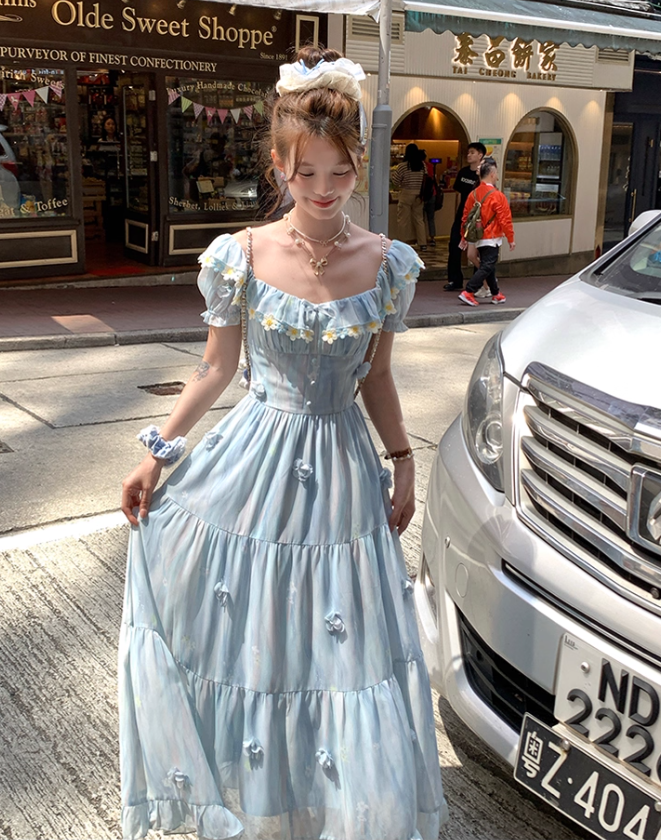 Blue short-sleeved square collar long waist dress summer French retro temperament high waist skirt R4706