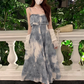 Fairy retro style ruffled one-shoulder sling dress new Chinese style ink-dyed dress R1706