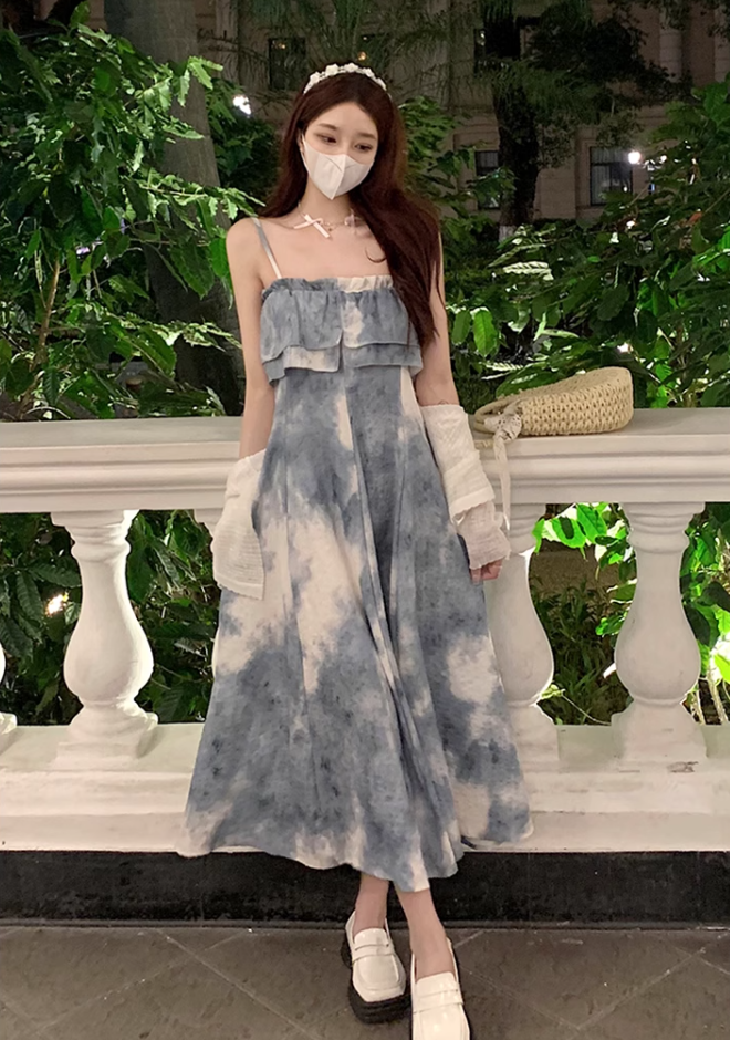 Fairy retro style ruffled one-shoulder sling dress new Chinese style ink-dyed dress R1706