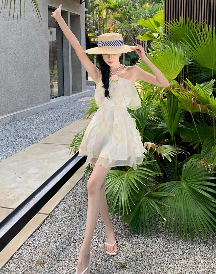 French style holiday sweet halter neck dress super fairy slim beach dress short style R1625