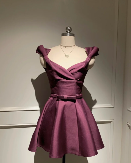 Purple bow strap waist slim fit A-line short skirt homecoming dress R4154