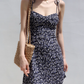 French retro slim fit navy blue floral dress waist suspender dress short skirt R2816