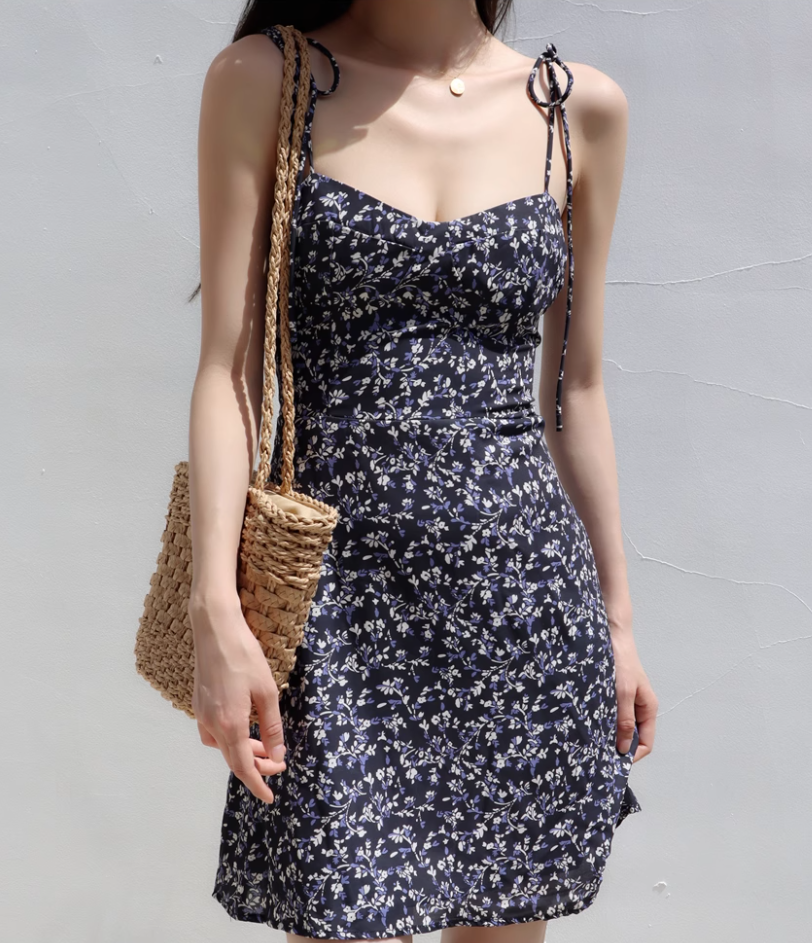 French retro slim fit navy blue floral dress waist suspender dress short skirt R2816