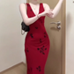 Retro V-neck red suspender dress sexy waist temperament hip fishtail long skirt R0712