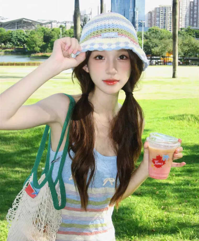 Sweet dopamine rainbow striped knitted dress small sling hip skirt pure desire forest style R1640