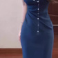 Retro blue suspender dress with elegant waist and slim fit R0757