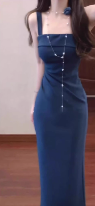 Retro blue suspender dress with elegant waist and slim fit R0757