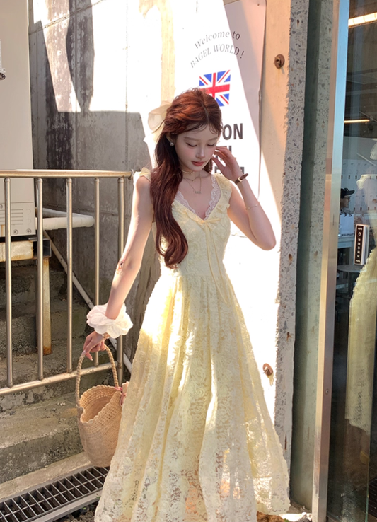 Yellow long v-neck waist hollow rose suspender dress summer French retro skirt R4872
