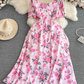 French lady temperament lady short sleeve square collar waist slim a-line print dress elegant long skirt R0406