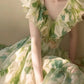 Green Fresh Floral V-neck Waist Long Skirt Homecoming Dress R3126