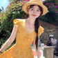 Yellow long v-neck small flying sleeve waist dress summer French retro temperament lace skirt R4578