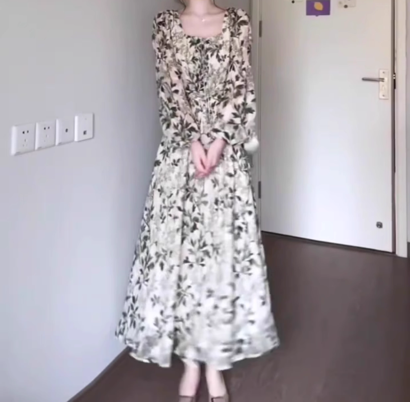 Green floral long-sleeved dress gentle temperament waist A-line long skirt R0707