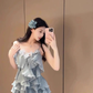 Blue v-neck ruffled suspender dress gentle temperament beautiful skirt R0613