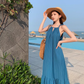 Bohemian retro blue white sling fishtail dress holiday style seaside beach dress sling dress long skirt R0196
