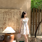 French Tulle Lace Splicing V-Neck Dress Women's Blue Floral A-Line Miniskirt R4418