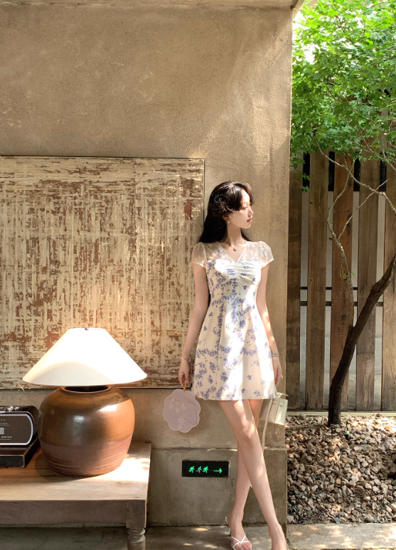 French Tulle Lace Splicing V-Neck Dress Women's Blue Floral A-Line Miniskirt R4418