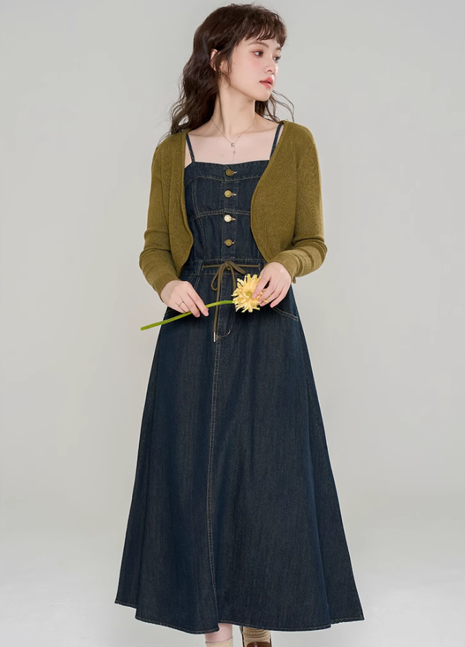 Knitted cardigan with denim suspender dress new high-end suit skirt two-piece set R2400