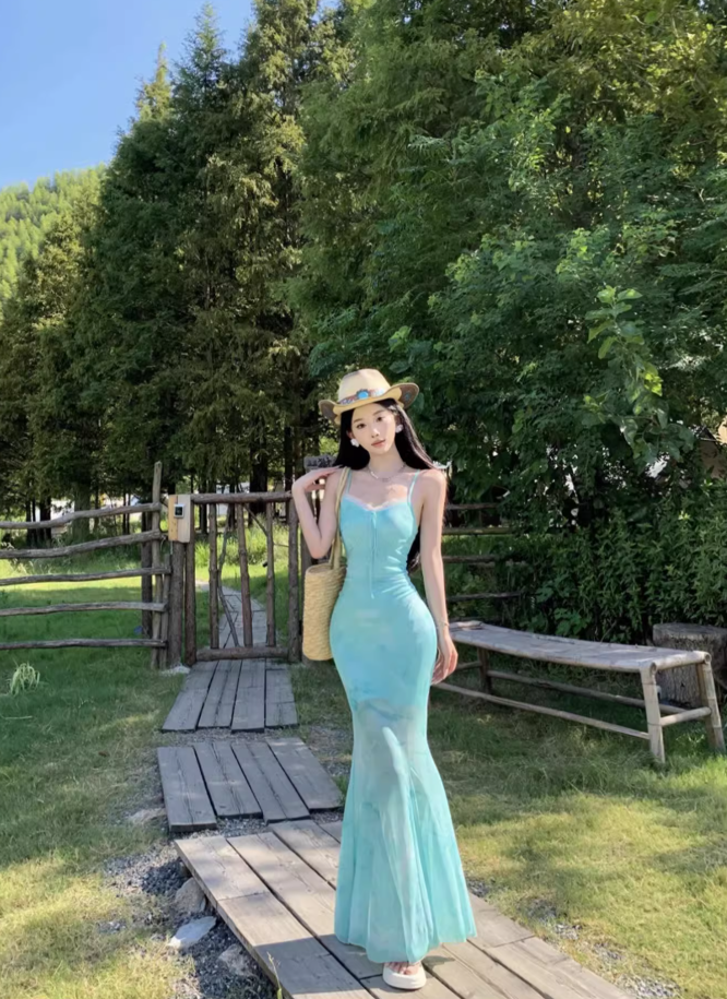 Beautiful step by step lotus fishtail dress sexy temperament holiday show figure suspender skirt R1568