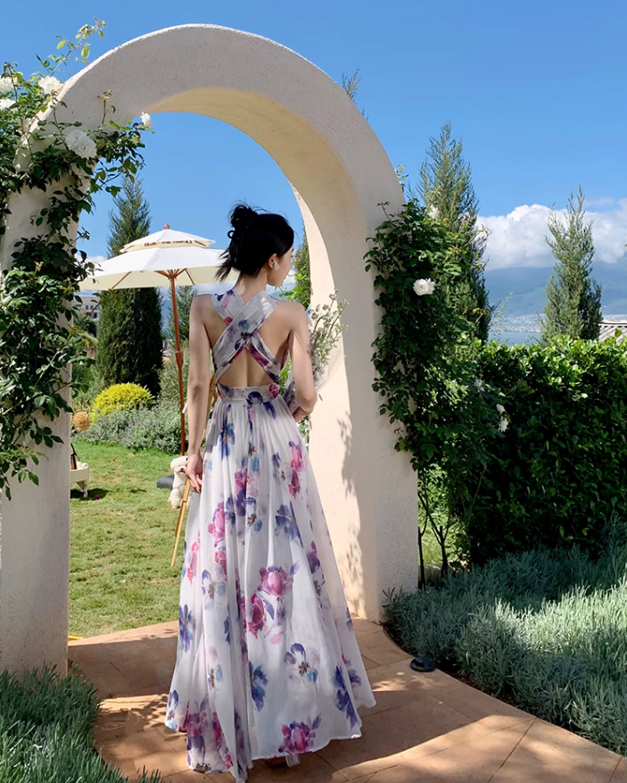 Green halo halter neck backless dress for seaside vacation R1597