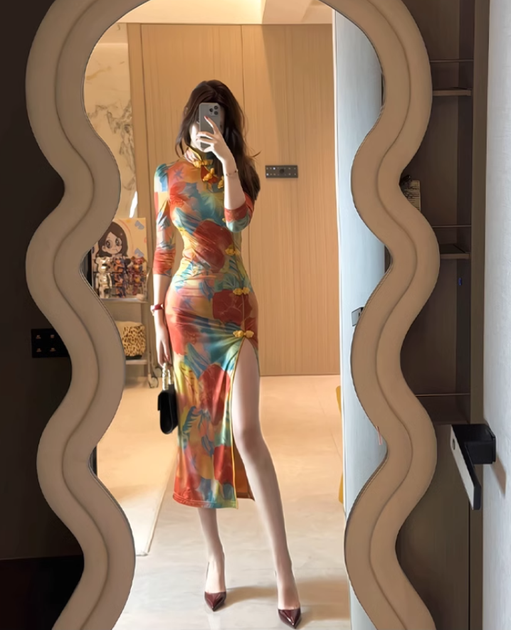 Large size new Chinese style elegant temperament cheongsam dress slit sexy long skirt R1834