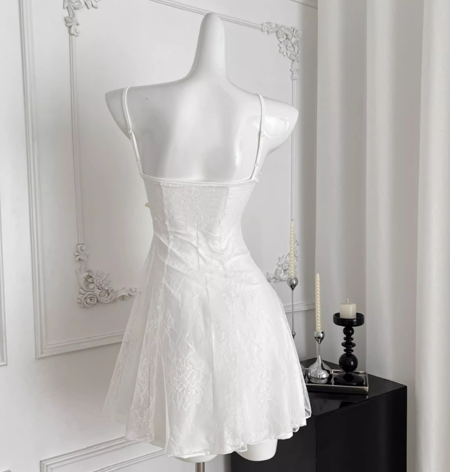 French seaside suspender dress white beautiful lace fishtail dress long skirt R2019