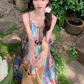 Retro oil painting style flower suspender dress holiday style tassel blouse slim long skirt suit R0204