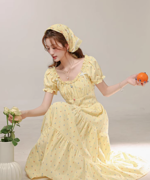 Cute sweet yellow polka dot dress summer seaside holiday long dress R1911