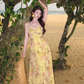 Yellow gradient floral suspender dress with gentle temperament and slim waist R0681
