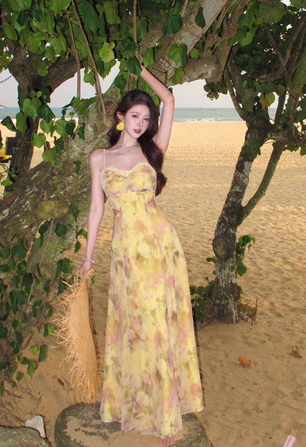 Yellow gradient floral suspender dress with gentle temperament and slim waist R0681