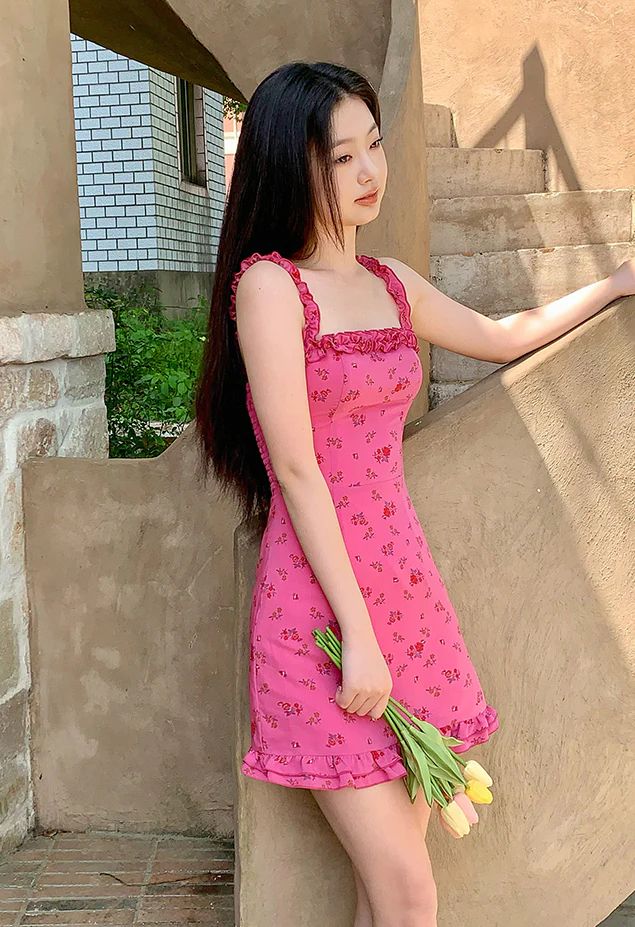 Pink lace suspenders waist slim short skirt homecoming dress R3052