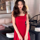 Retro red suspender dress with elegant waist and square neck, gentle A-line long skirt R1431