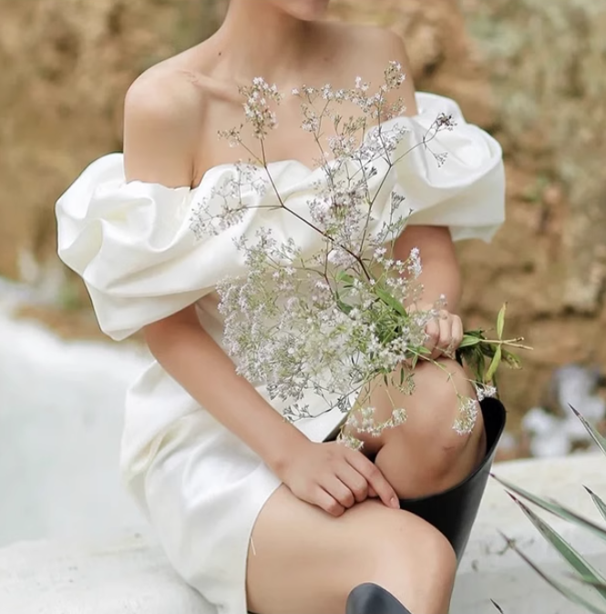 French white one-shoulder simple banquet birthday party short evening dress homecoming dress R2973