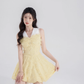 Summer pleated sleeveless dress new yellow lace sweet short skirt niche design waist skirt female R4141