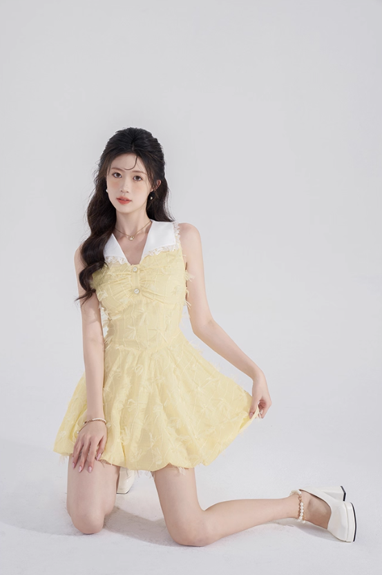Summer pleated sleeveless dress new yellow lace sweet short skirt niche design waist skirt female R4141