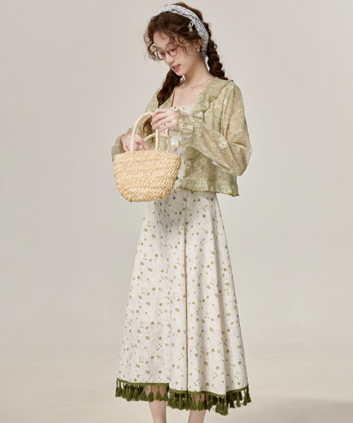 French first love green floral dress beautiful summer holiday dress R1905