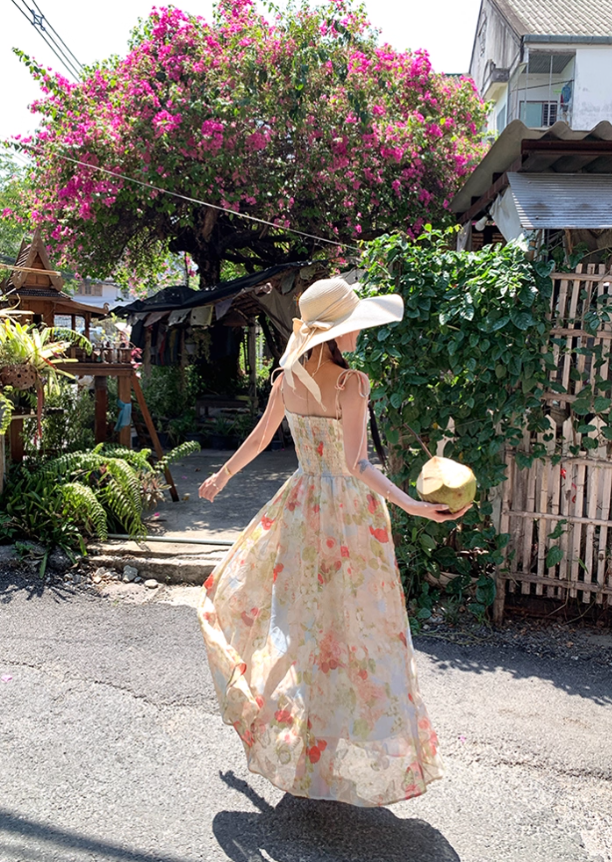 Long Printed Romantic Rose Garden Butterfly Dress Summer French Style Dress R4907