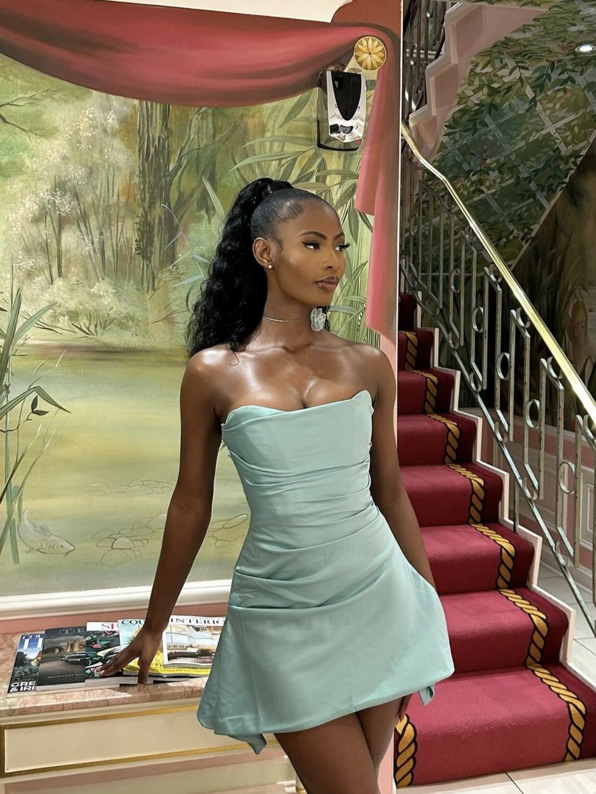 Green satin tube top slim waist irregular skirt short skirt homecoming dress R3536