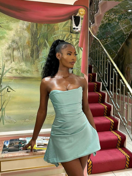 Green satin tube top slim waist irregular skirt short skirt homecoming dress R3536