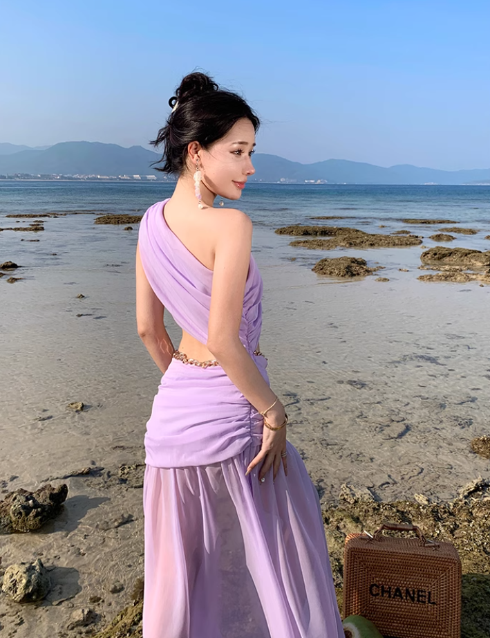 Photo skirt waist-baring one-shoulder dress design seaside atmosphere holiday beach skirt R1592