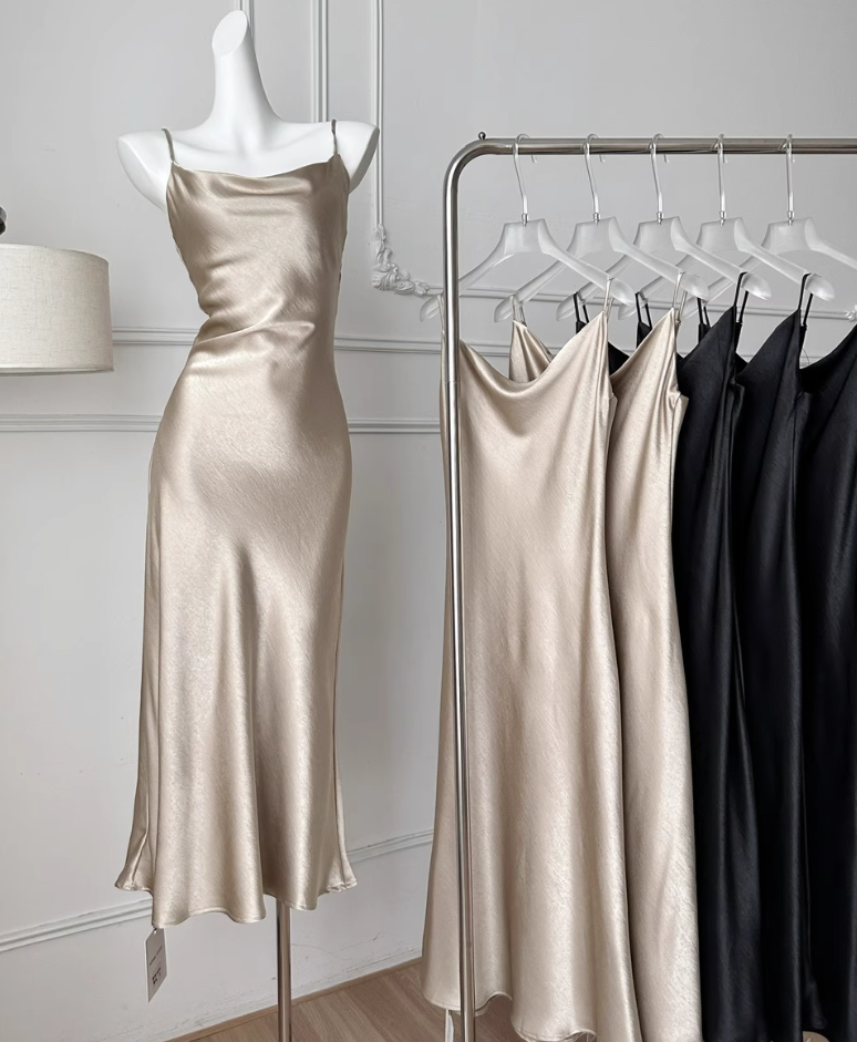 Acetate mermaid satin suspender dress slim fit high-end long dress R2186