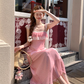 Pink Summer Romantic Lace Floral Suspender Dress Women's Summer French Dress R4822